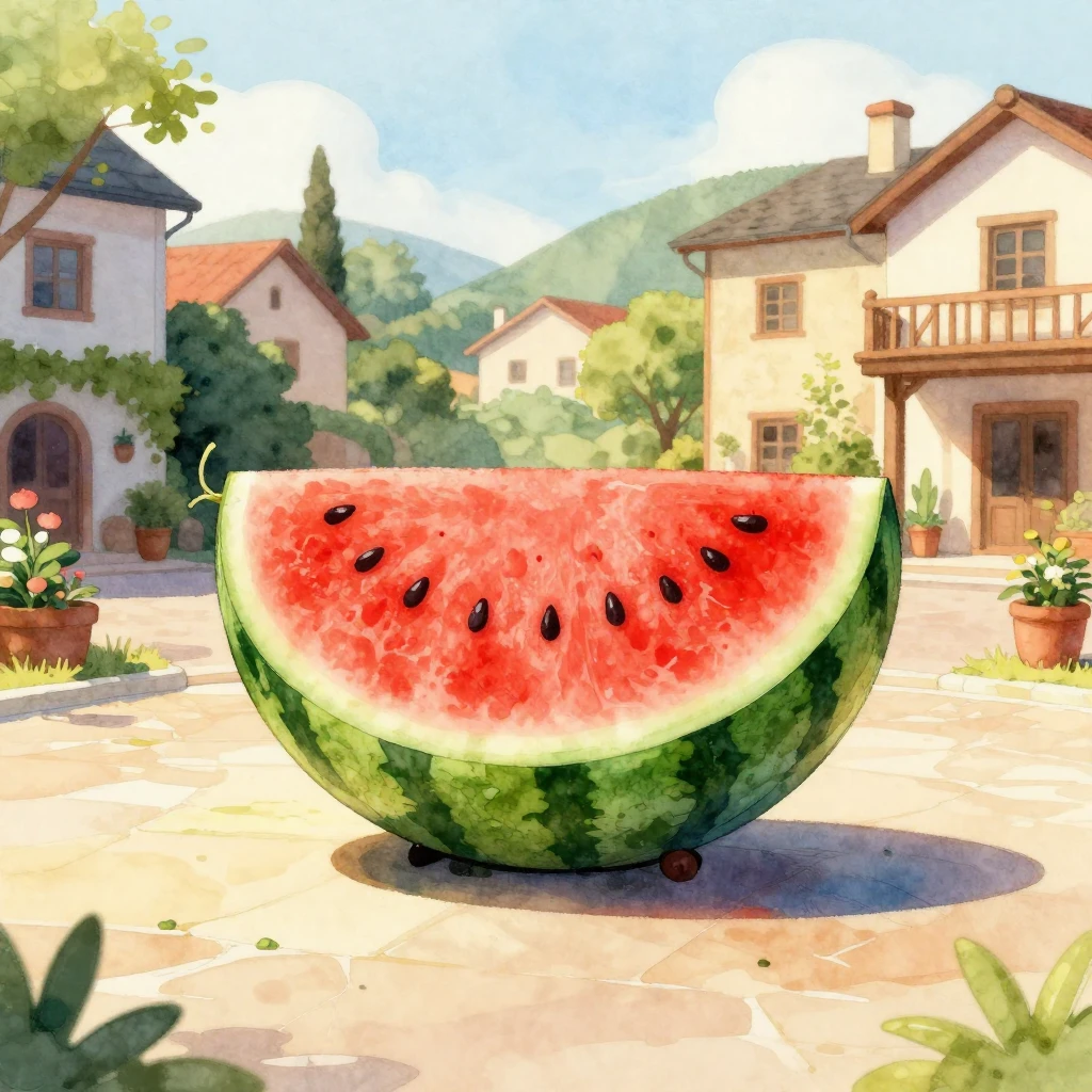 A prominent, artistic watermelon sculpture in the center of ...