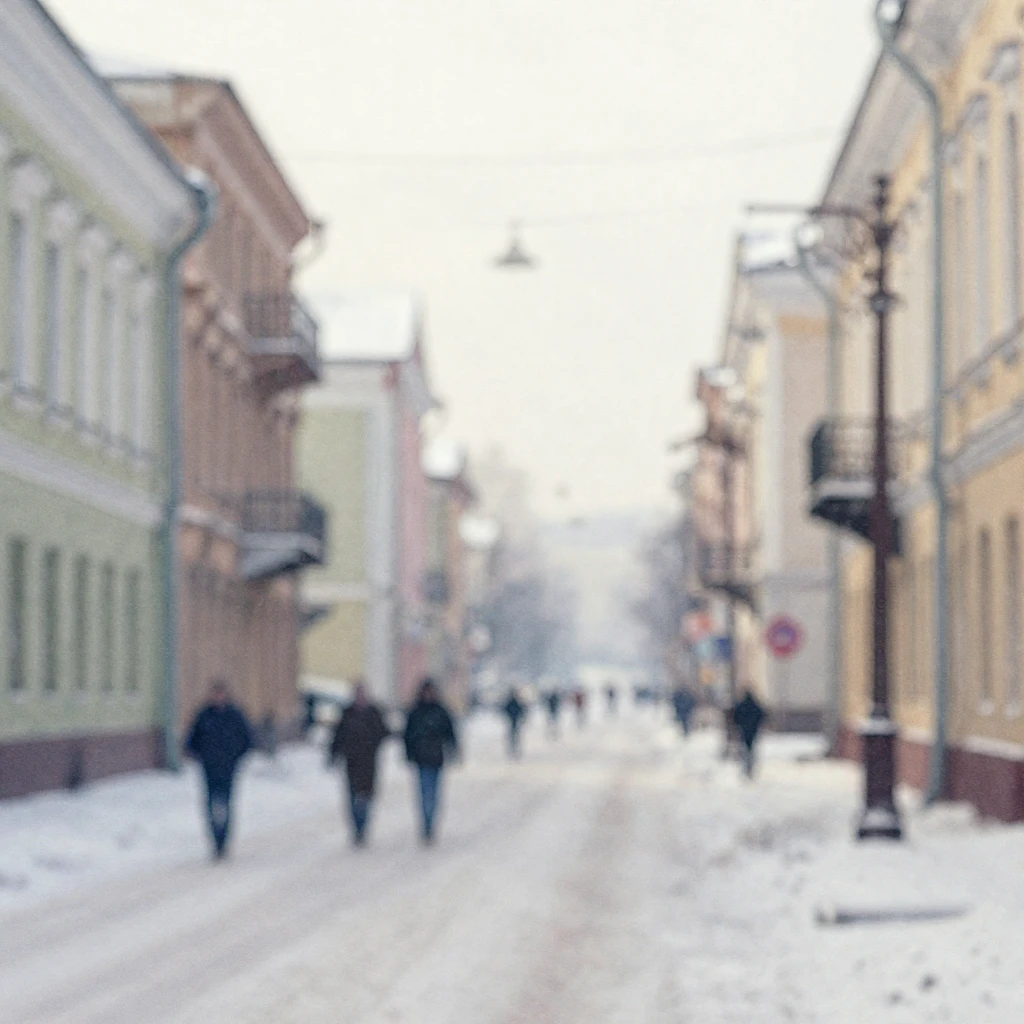 A subtly blurred, wintry street scene of Odessa, with faint ...