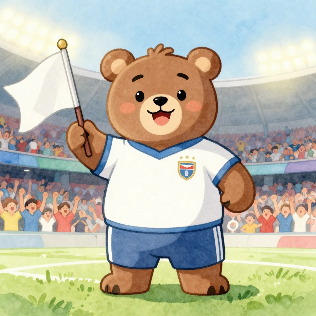 A friendly, anthropomorphic bear mascot in a sports uniform,...