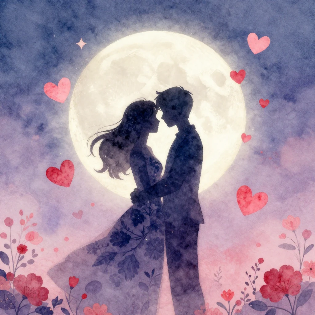 A whimsical watercolor illustration depicting two silhouette...