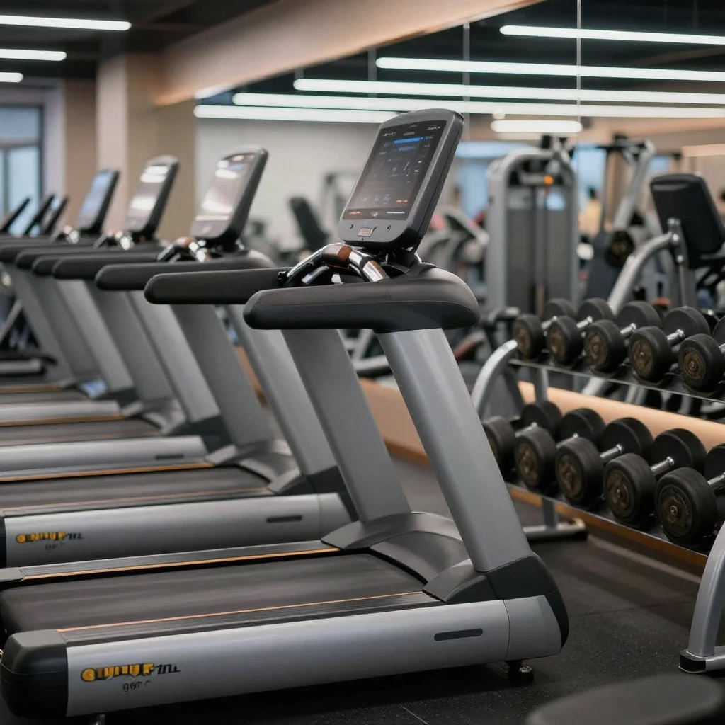 Close-up shots of various fitness equipment inside a modern ...
