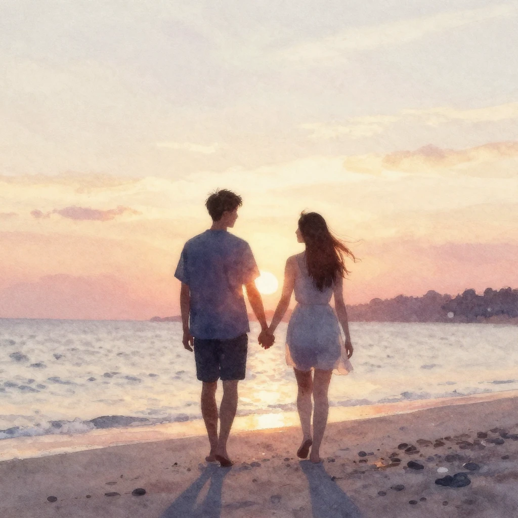 A dreamy watercolor painting of two silhouettes walking hand...