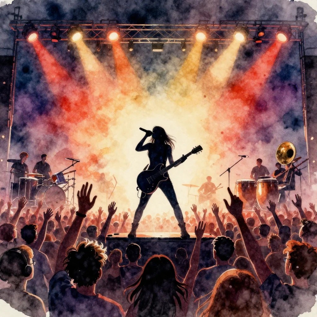 Vibrant watercolor style. Epic stadium rock concert, powerfu...