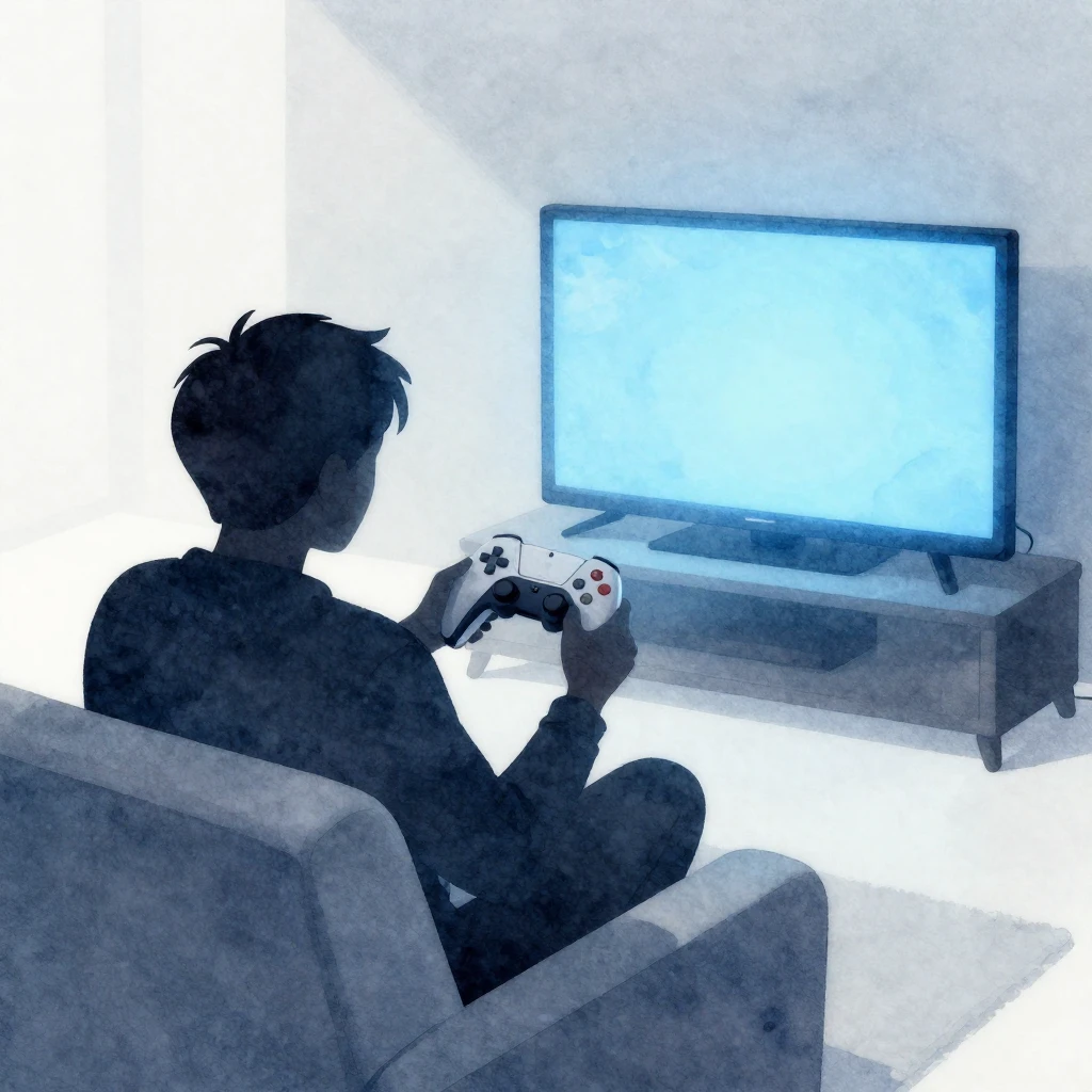 A dark silhouette of a person on a sofa, holding a broken ga...