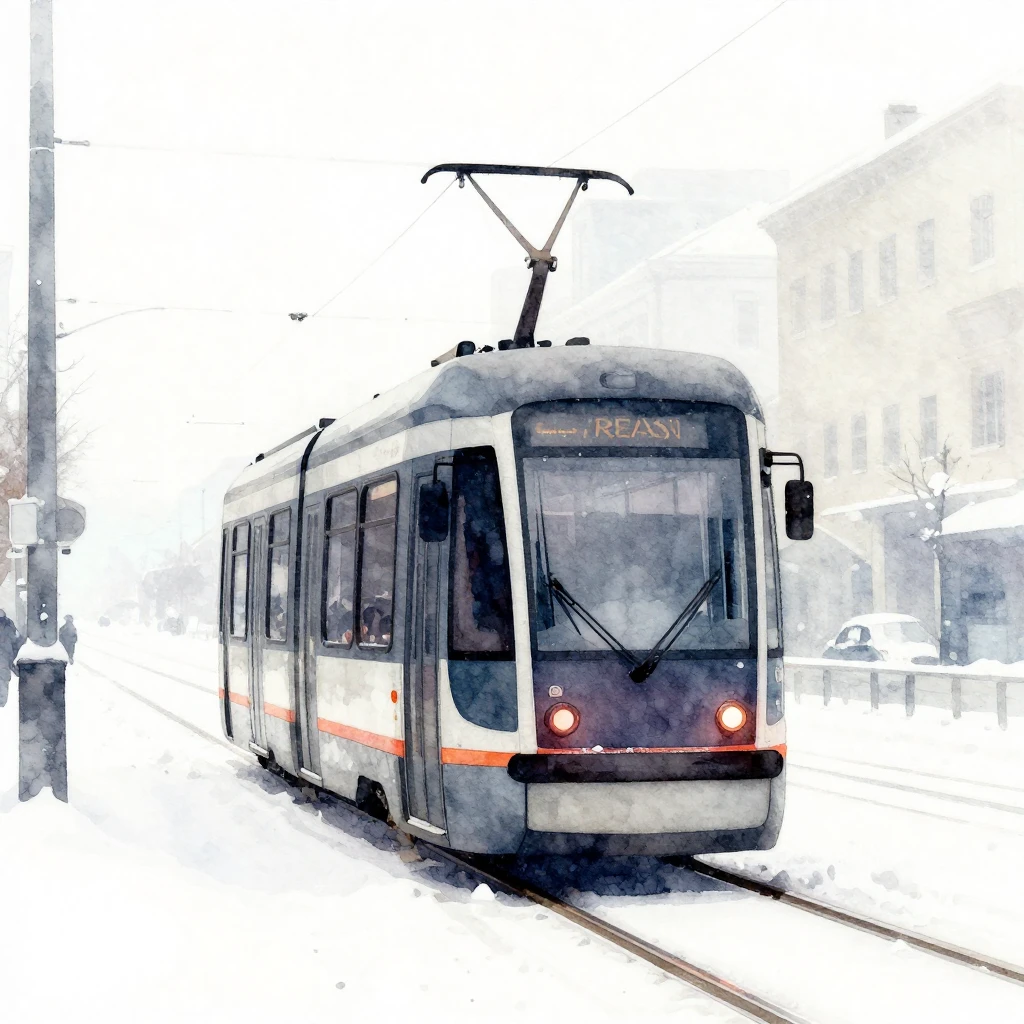 A lone tram silhouette, central and prominent, against a min...