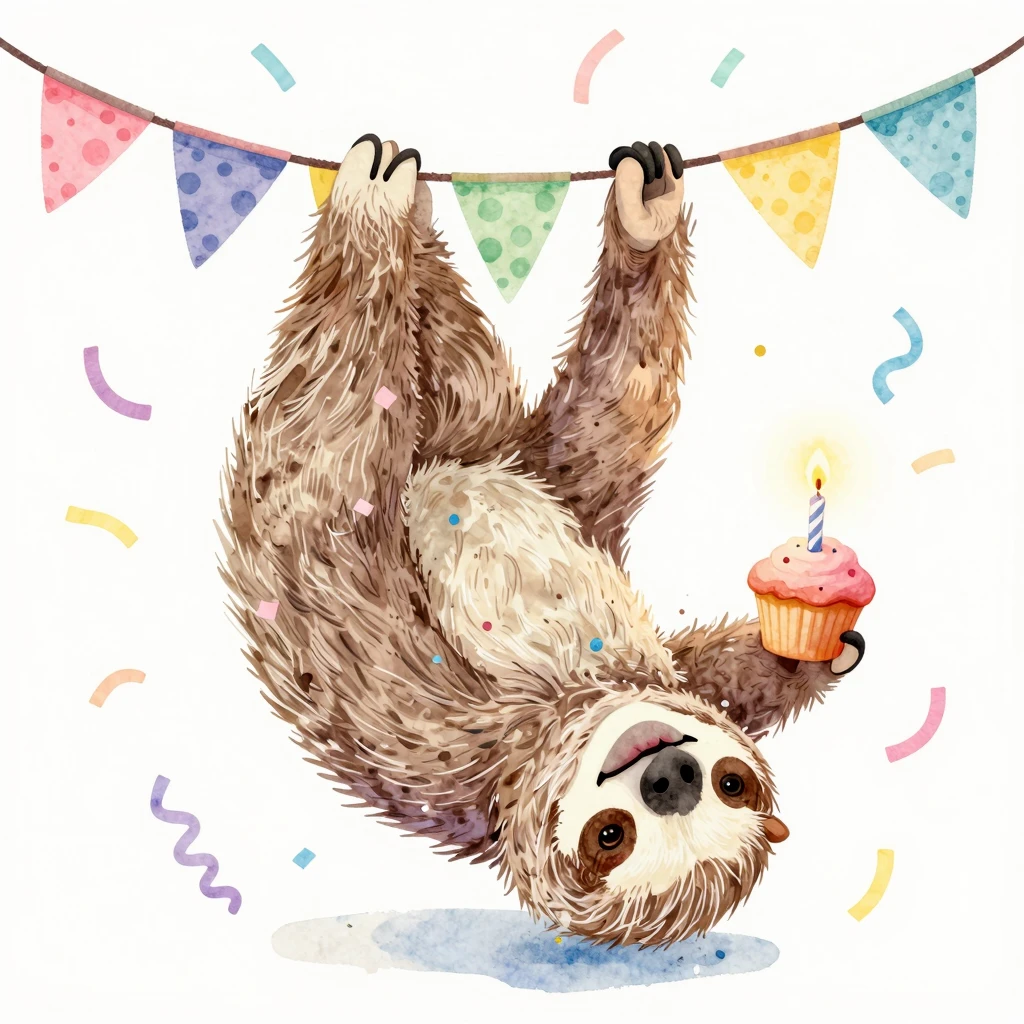 A whimsical watercolor scene of a smiling sloth hanging upsi...