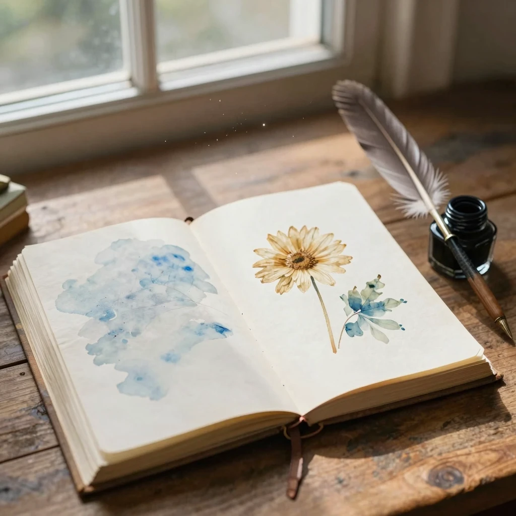 A delicate watercolor painting of an open vintage journal on...