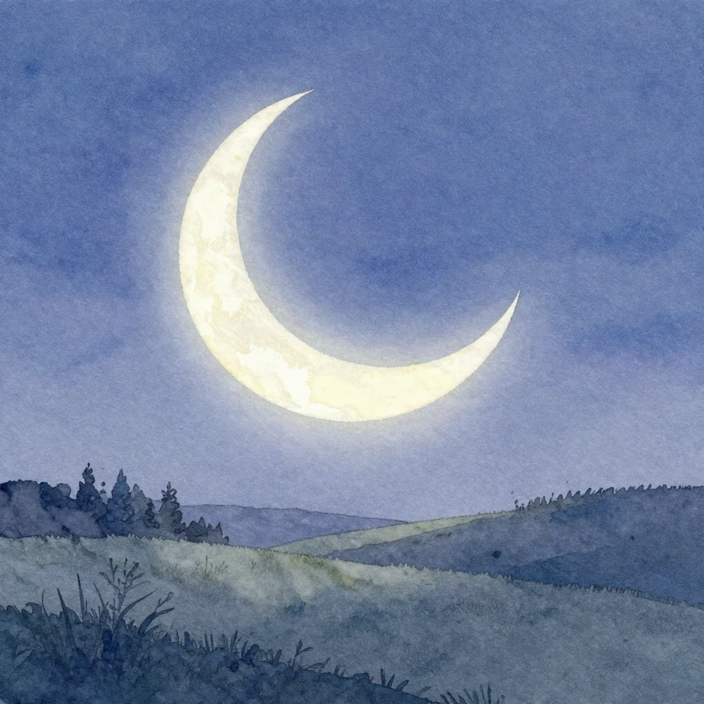 A serene night scene with a prominent crescent moon casting ...