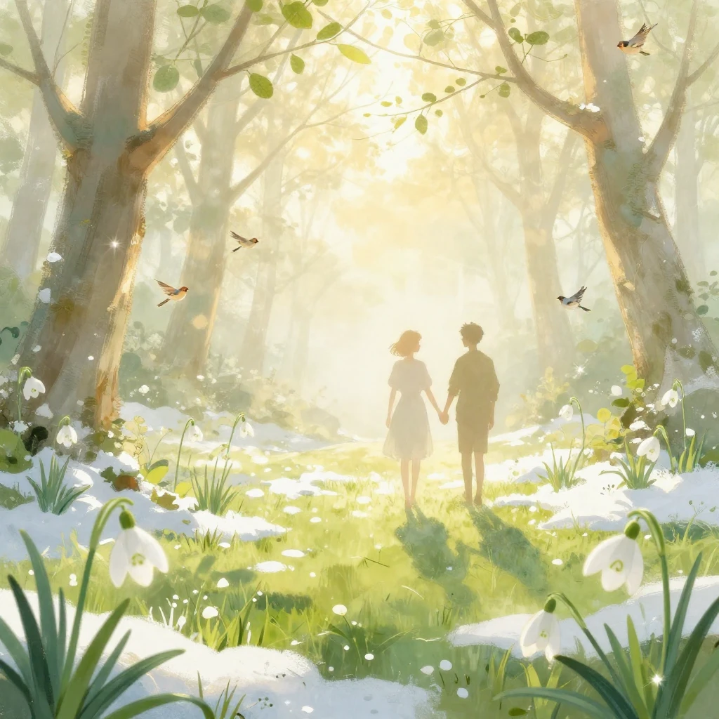 A romantic illustration set in an ethereal spring landscape....