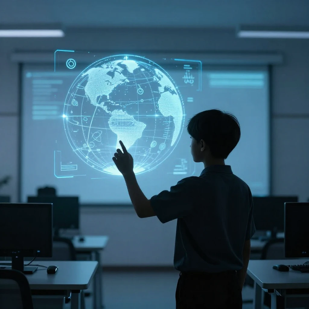 A silhouette of a student interacting with a glowing digital...