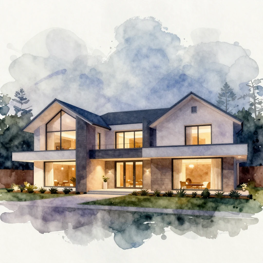 Watercolor style. A large, sleek modern country house at nig...
