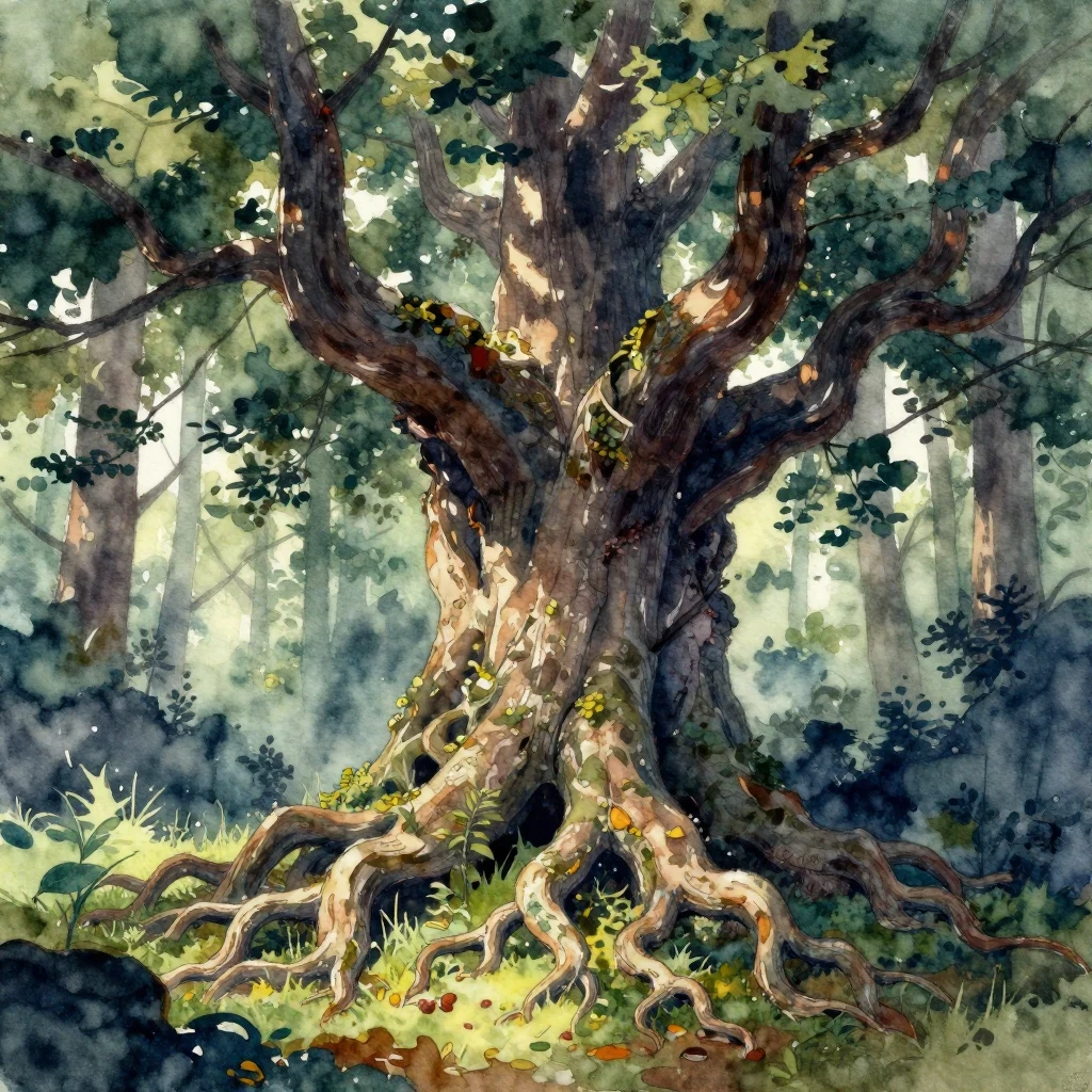 An ancient, gnarled Slavic tree with strong, visible roots, ...