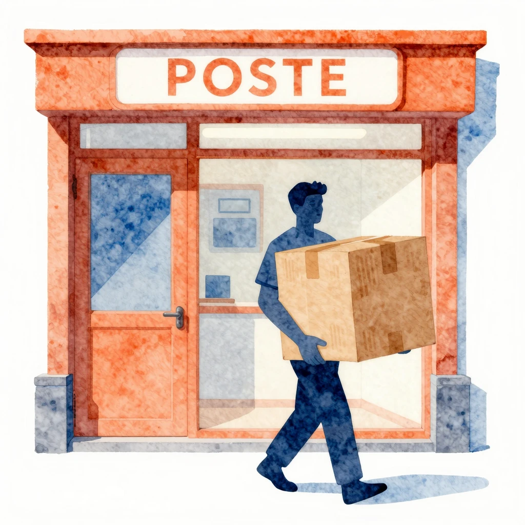 Watercolor style. A bright post office setting with warm ora...