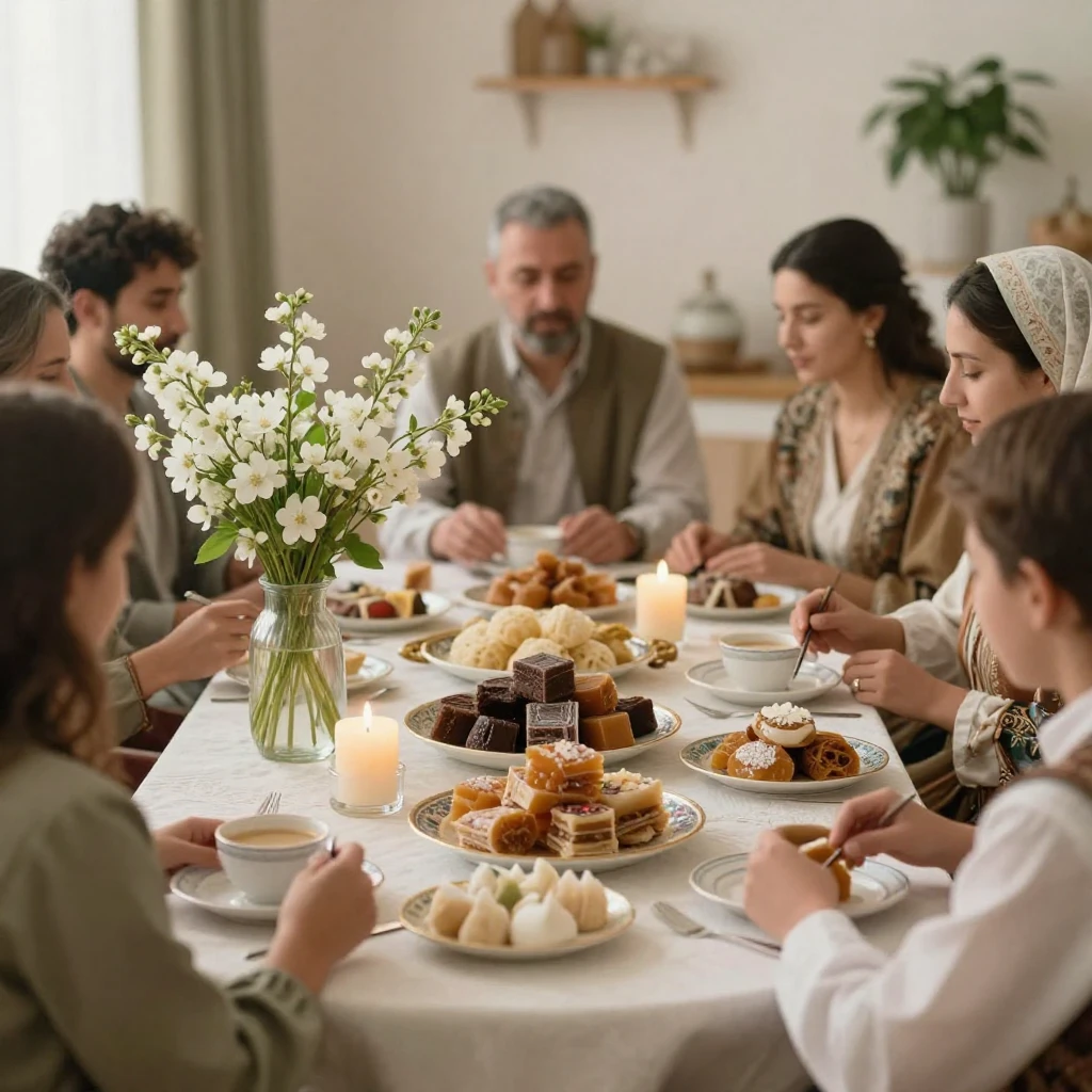 A serene scene depicting Novruz holiday traditions, with blo...