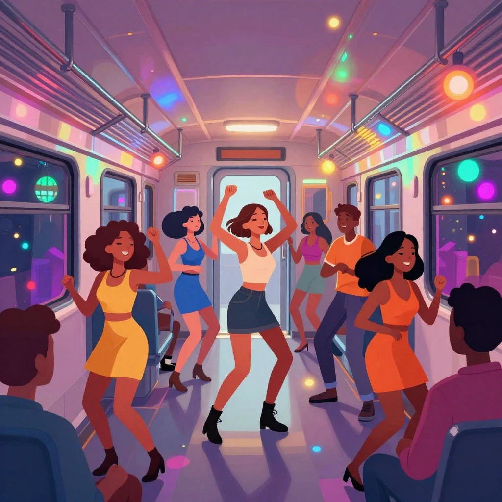 A bright, cartoon-style illustration of a commuter train car...