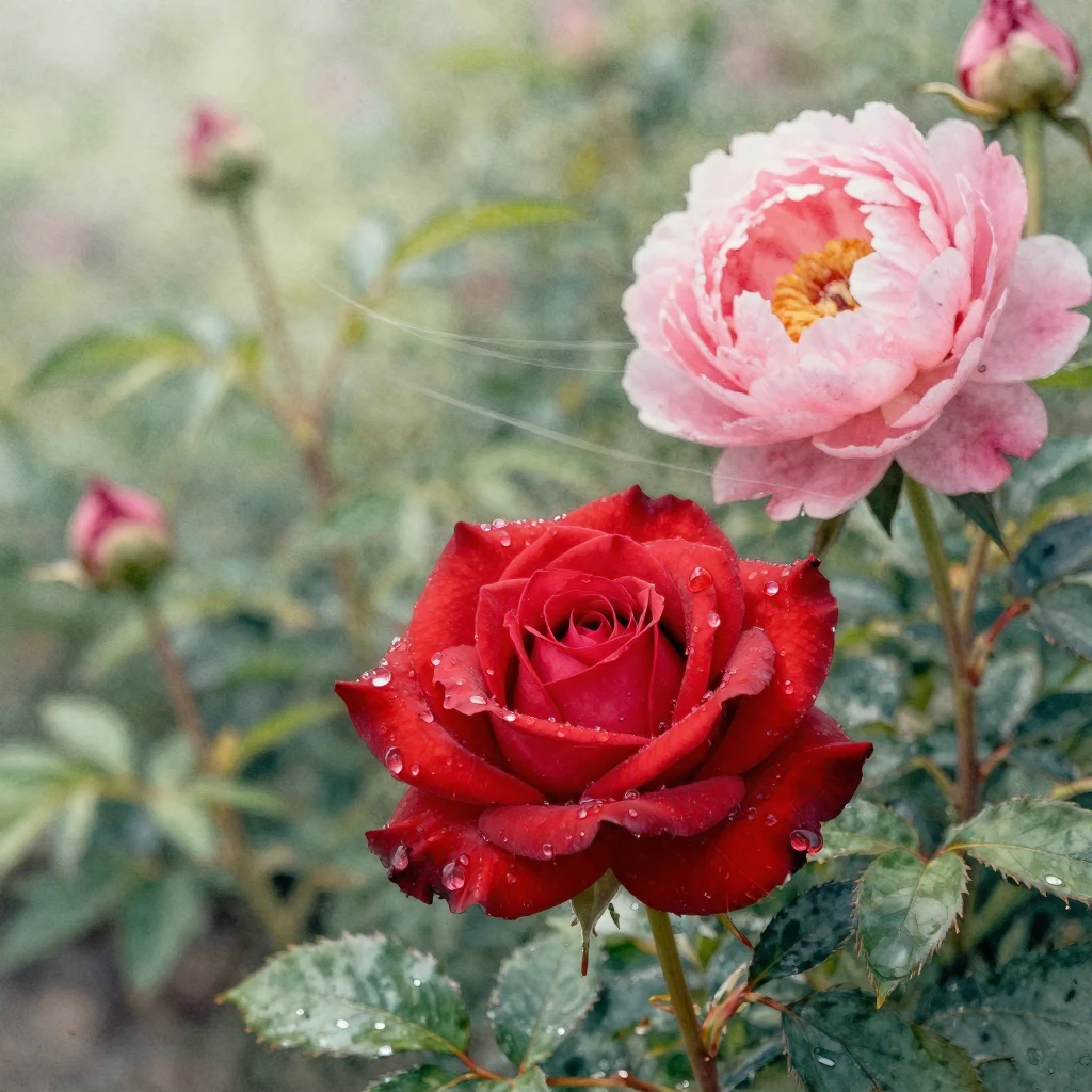 A vibrant watercolor painting of a single red rose with glis...