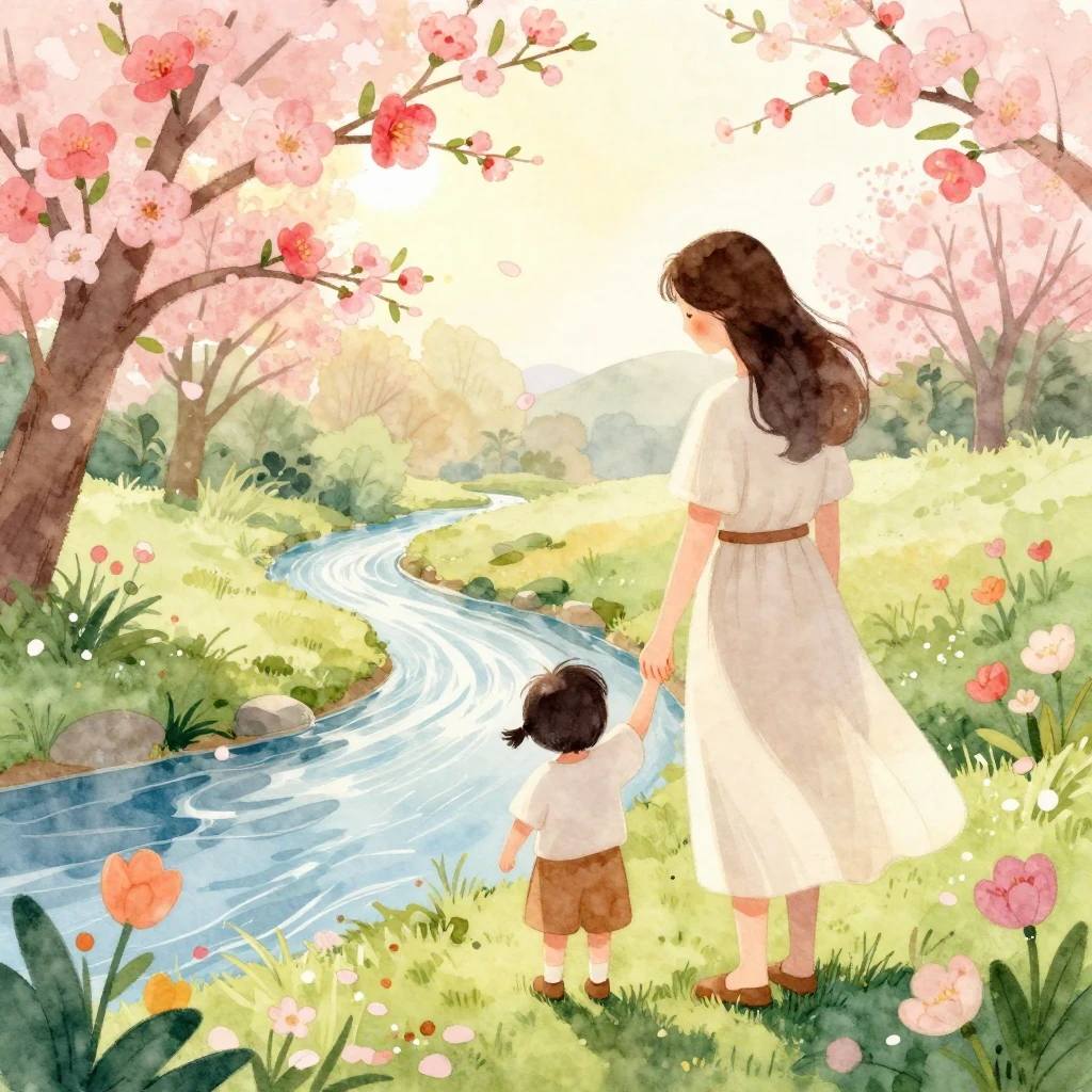 A tender and warm watercolor illustration for Mother's Day, ...