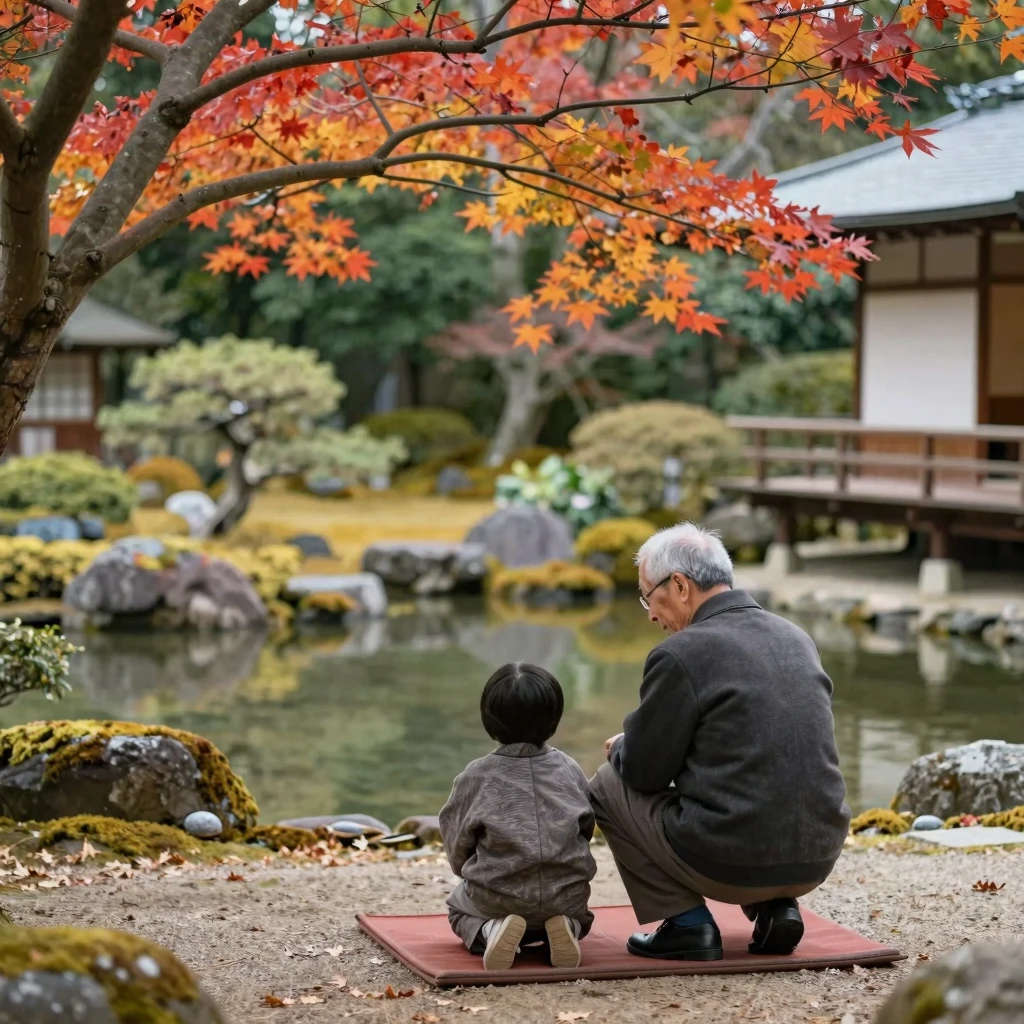A serene scene depicting a Japanese garden with a grandfathe...