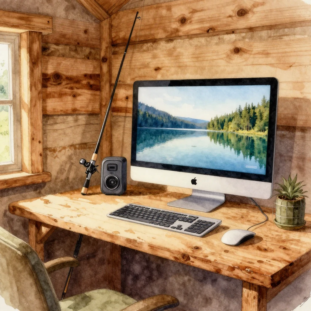 A watercolor painting of a cozy wooden cabin interior, featu...