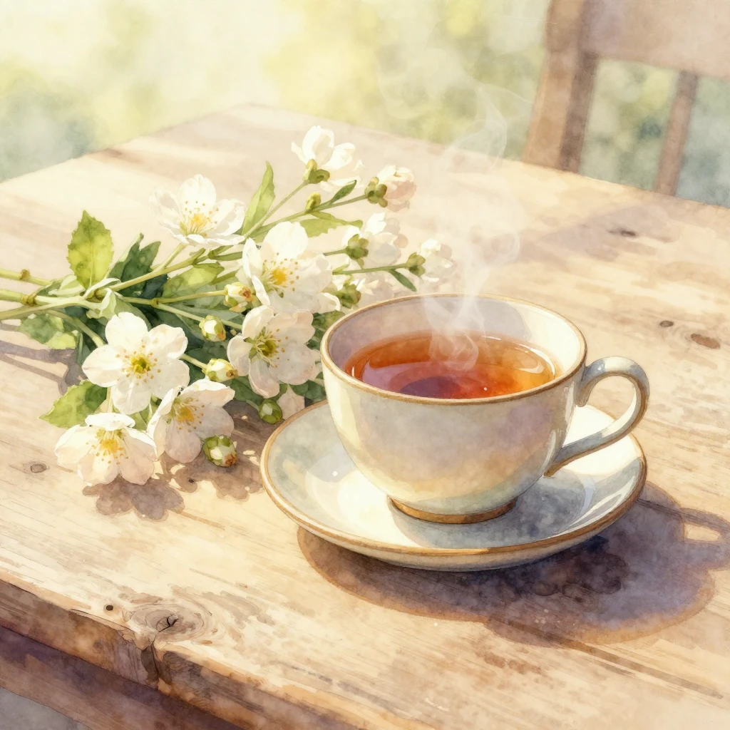 A ceramic cup of tea sits beside a bouquet of fresh spring f...