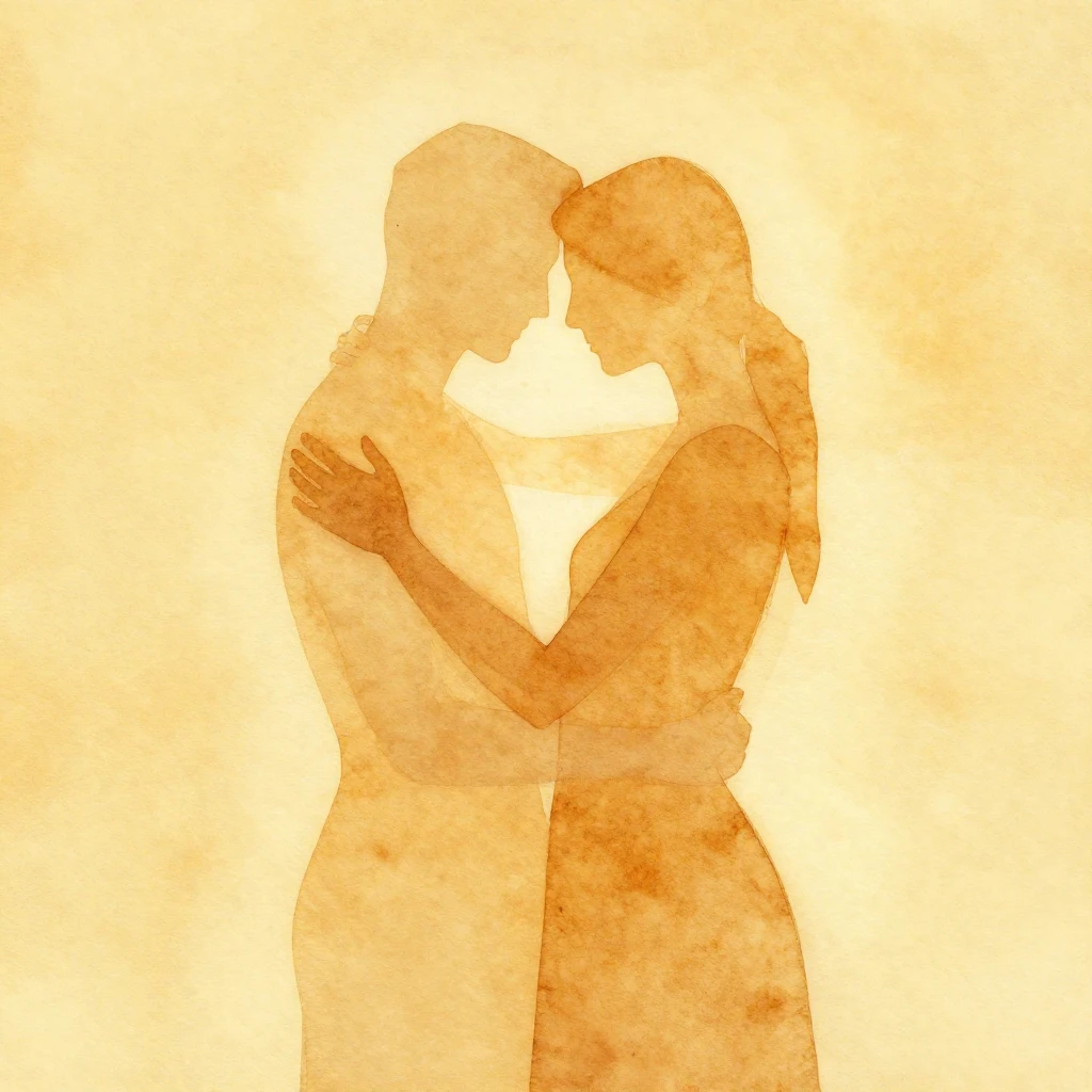 A minimalist watercolor painting of two abstract figures emb...