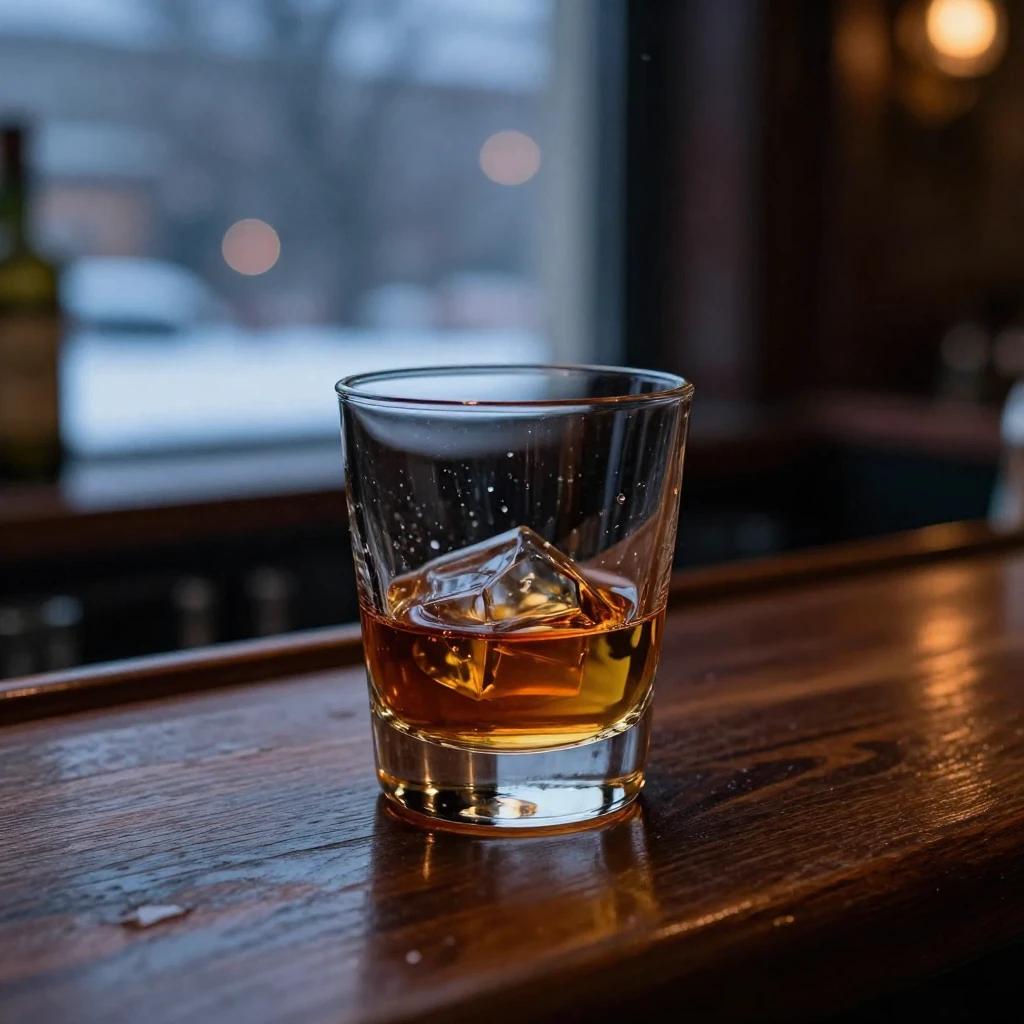A single glass of amber whiskey sits on a polished wooden ba...