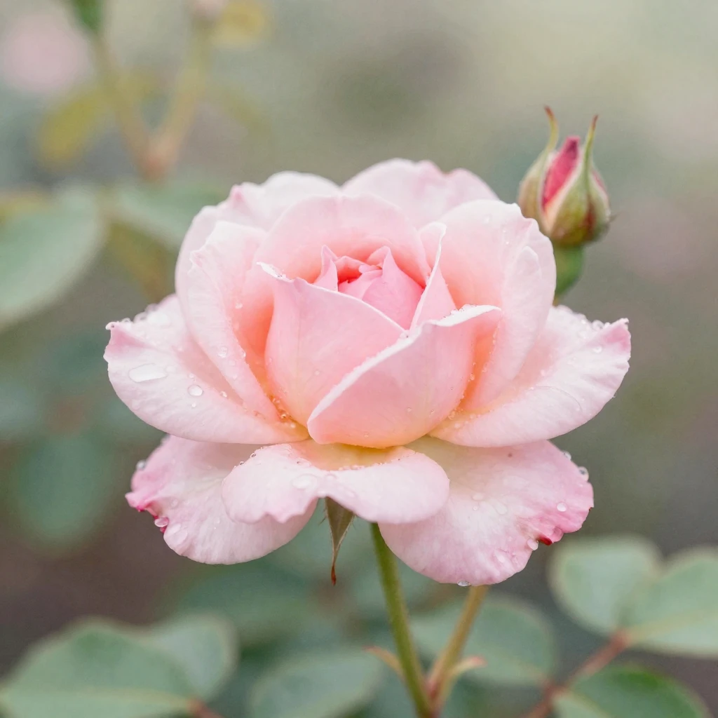 A delicate pink rosebud just beginning to open in a morning ...