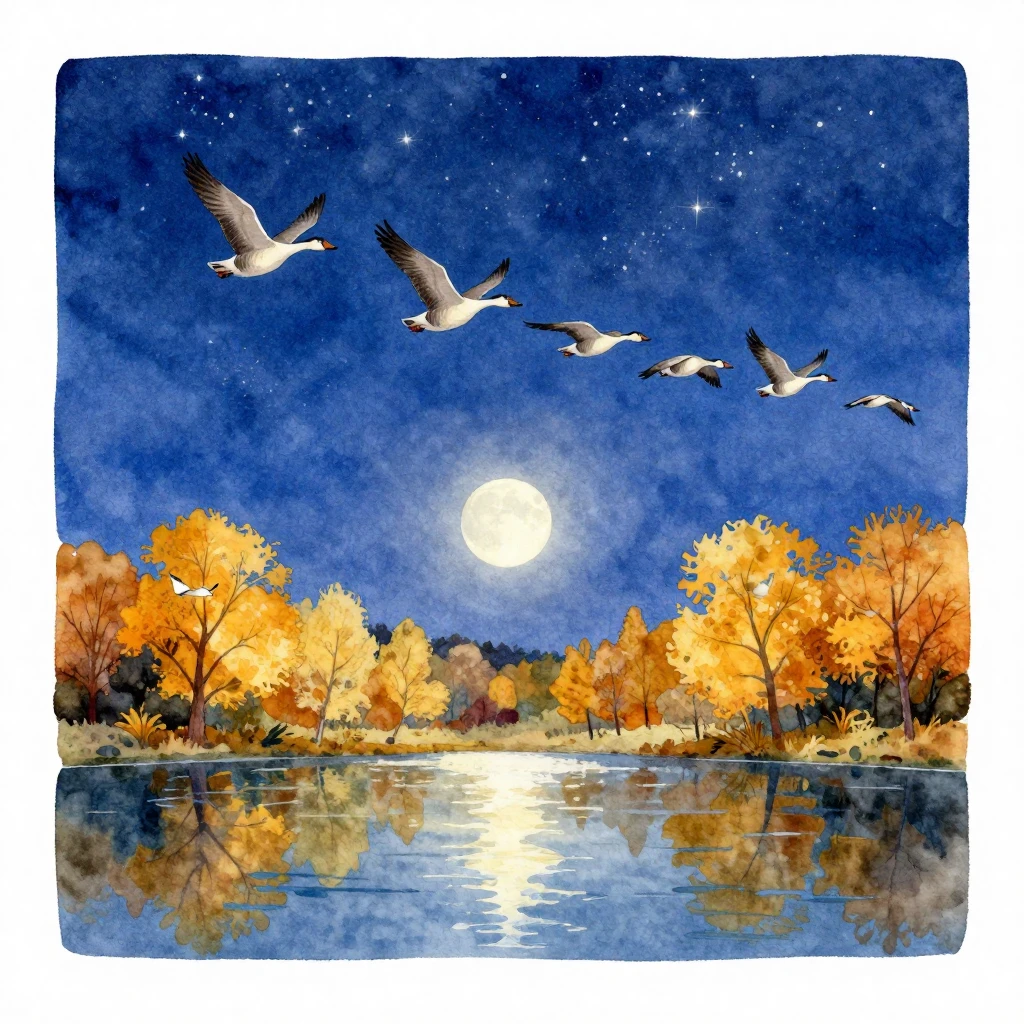 A vibrant watercolor painting of a flock of geese flying in ...
