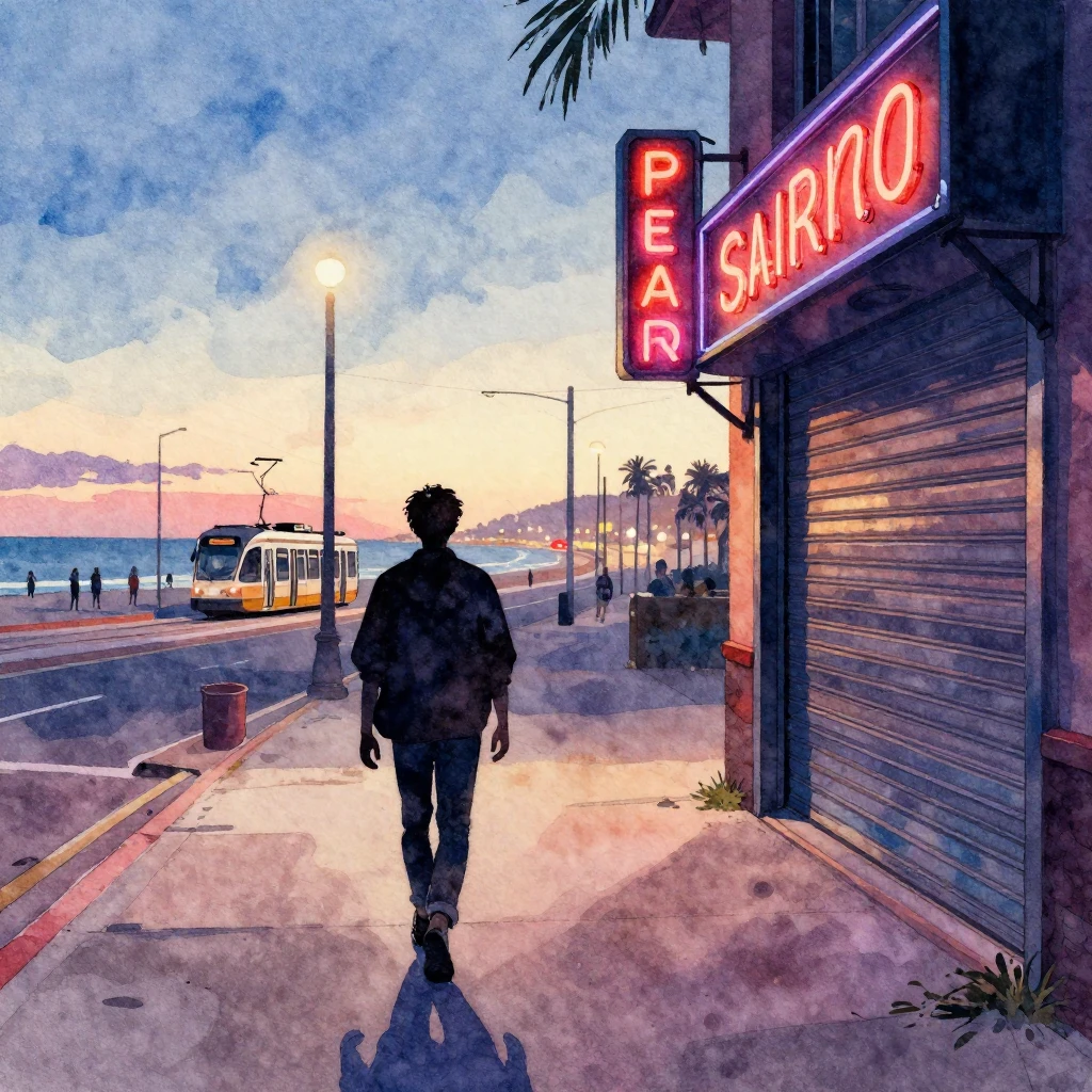 A watercolor painting of a silhouette of a person walking aw...