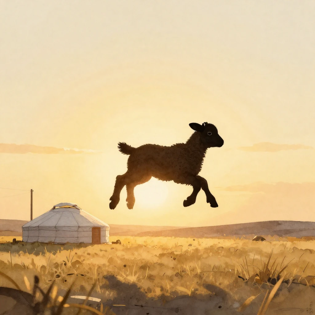 A small lamb silhouette captured mid-jump, rendered in water...