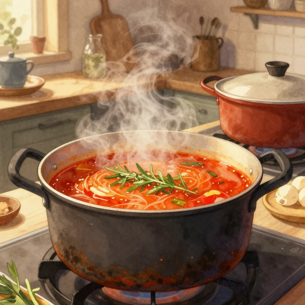Watercolor style. Two giant steaming cooking pots in a cozy,...