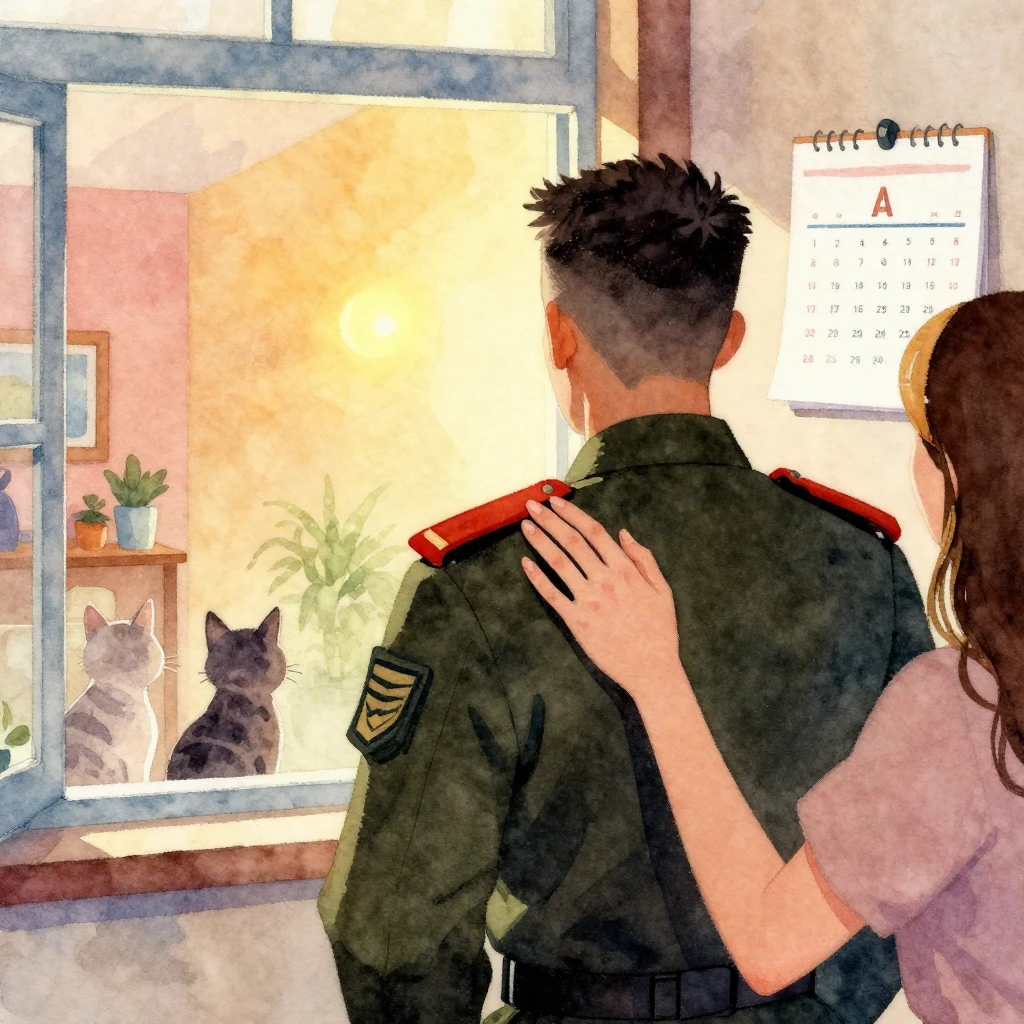 A vibrant watercolor painting. A silhouette of a man in mili...