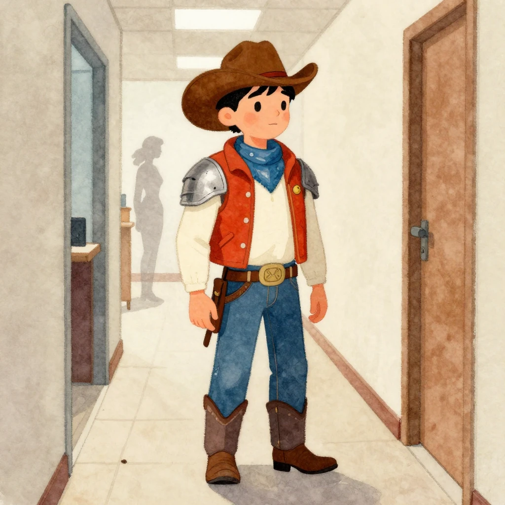 A shy cowboy, rendered in vibrant watercolor and folk art st...