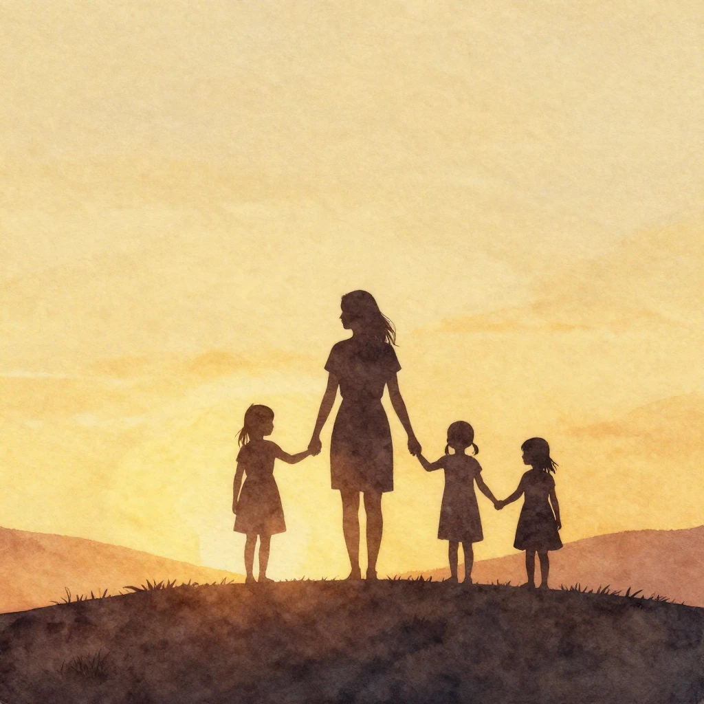 Watercolor painting of a silhouette of a mother and three da...