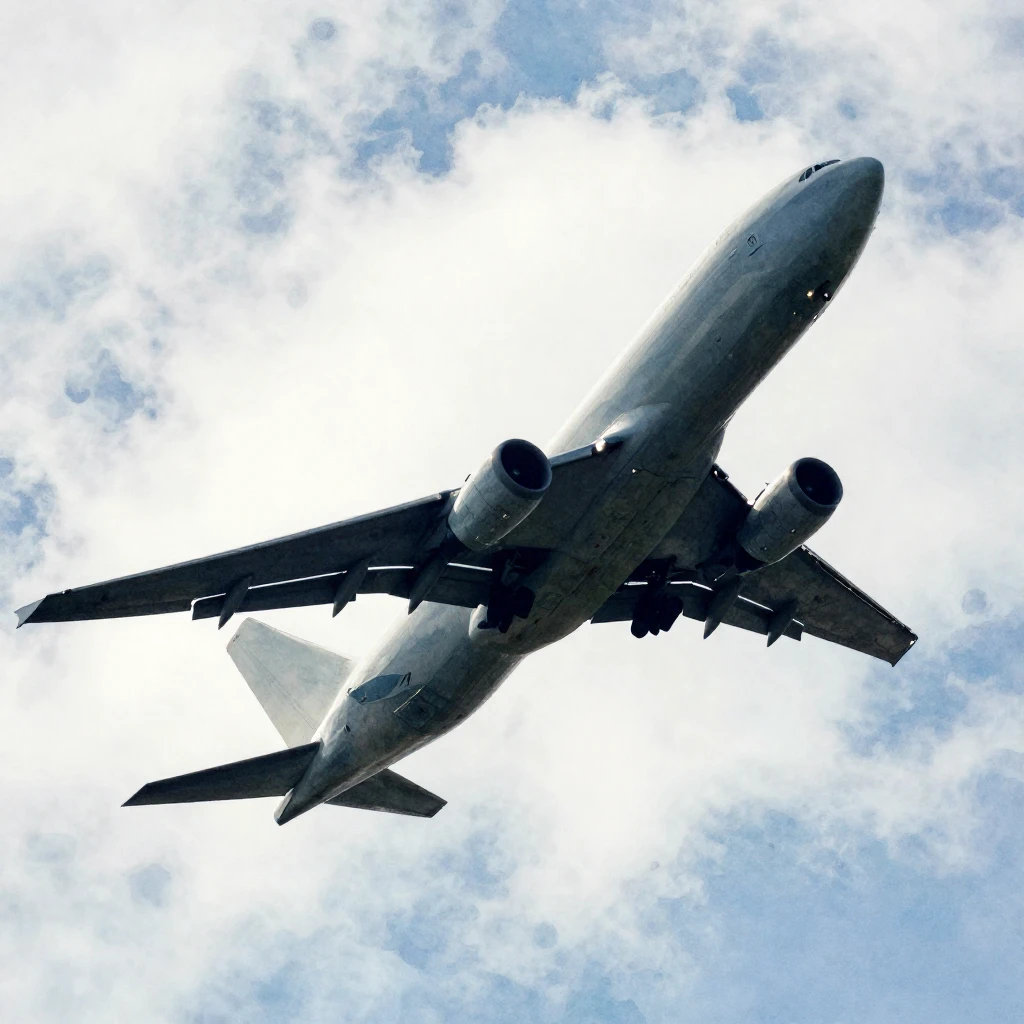 A powerful cargo plane, viewed from below, soaring dynamical...