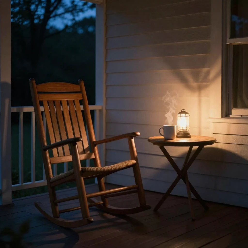 A cozy porch at twilight, with a single rocking chair and a ...