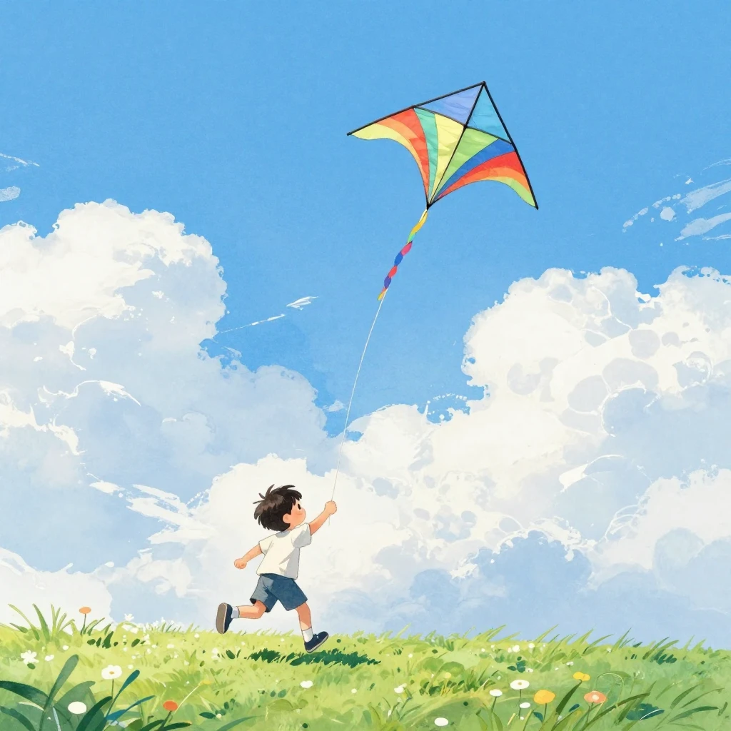 A colorful kite soaring in a bright blue sky with fluffy whi...