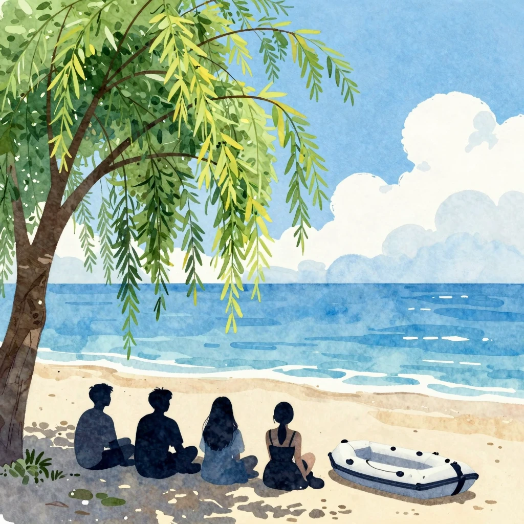 Watercolor style. Silhouettes of four friends on a sunny bea...