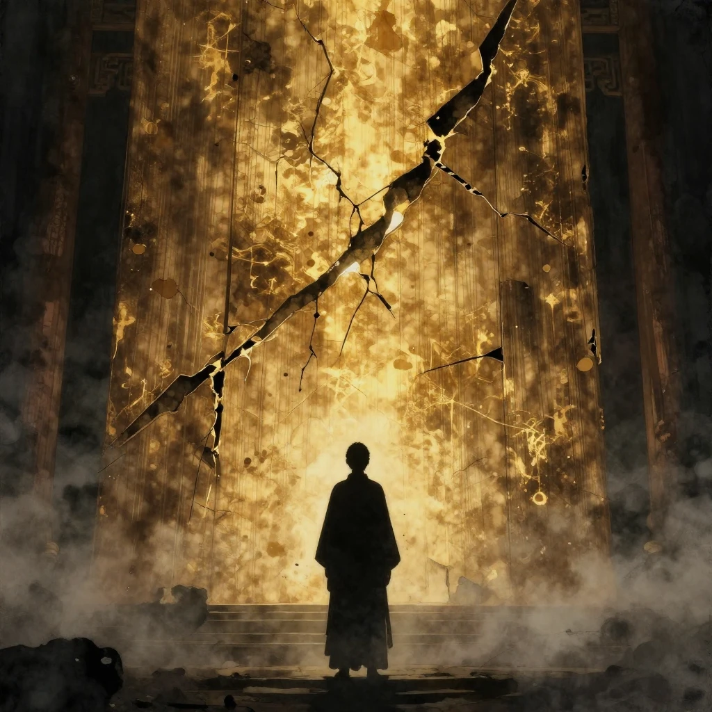 A silhouette of a person standing in a dark, misty temple be...