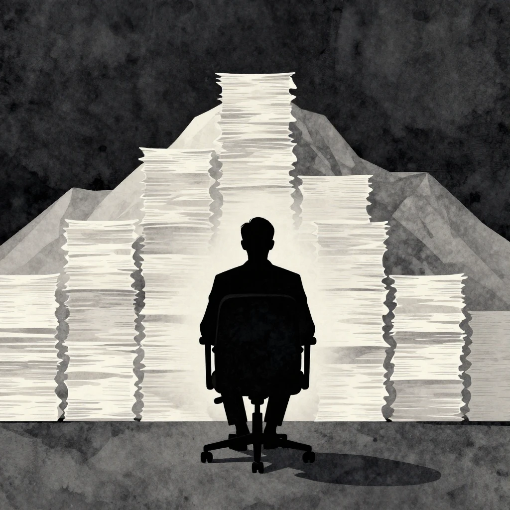 A dark silhouette of a person sitting in a massive office ch...