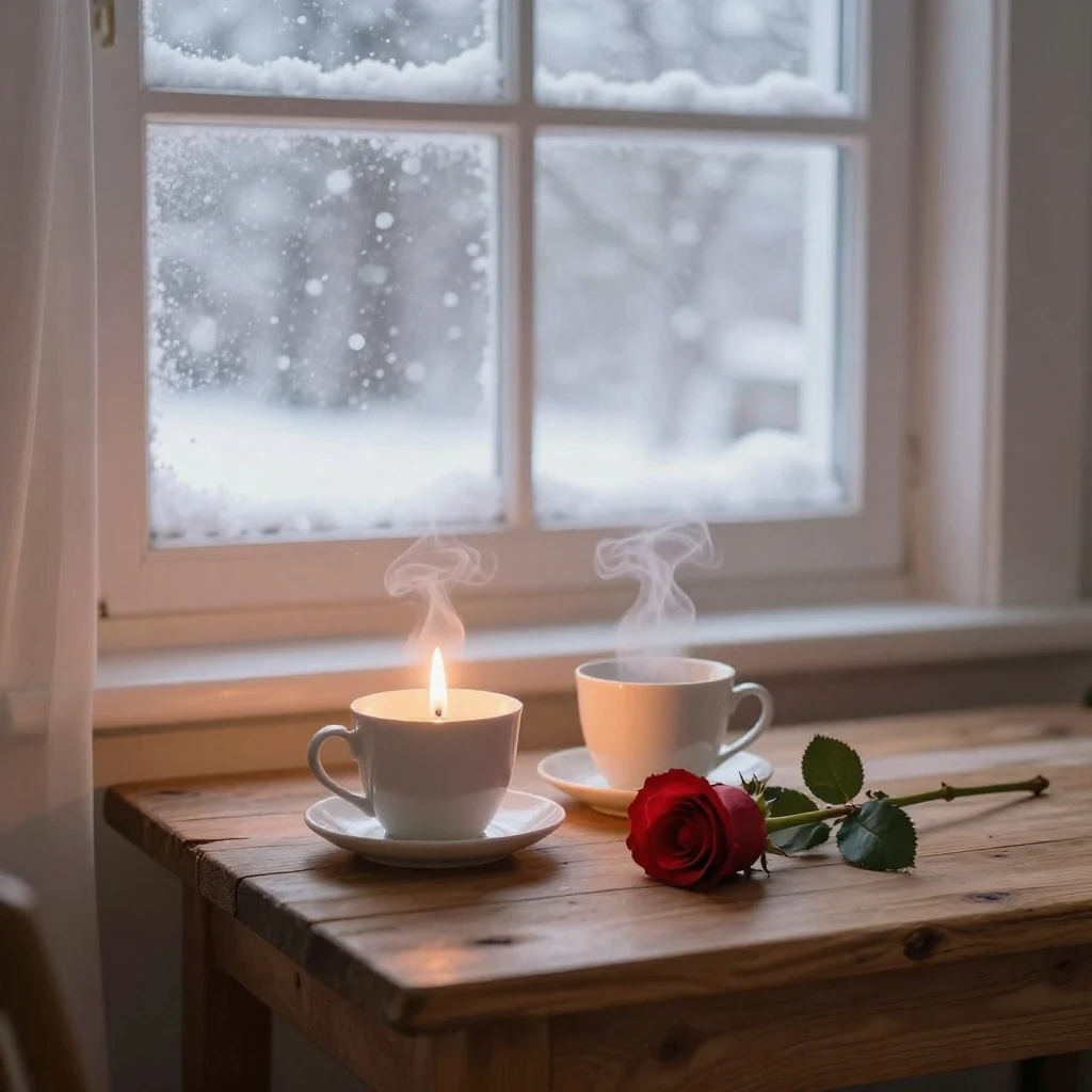 A warm and cozy indoor scene, embodying hygge. A frosted win...