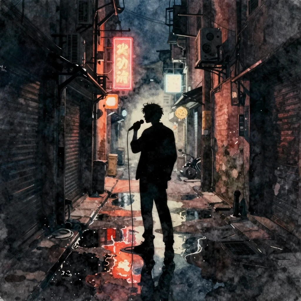 Watercolor painting of a dark urban alleyway at night, a lon...