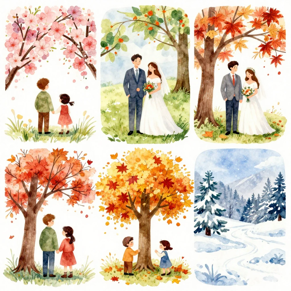 Vibrant watercolor illustration. A composite scene showing a...