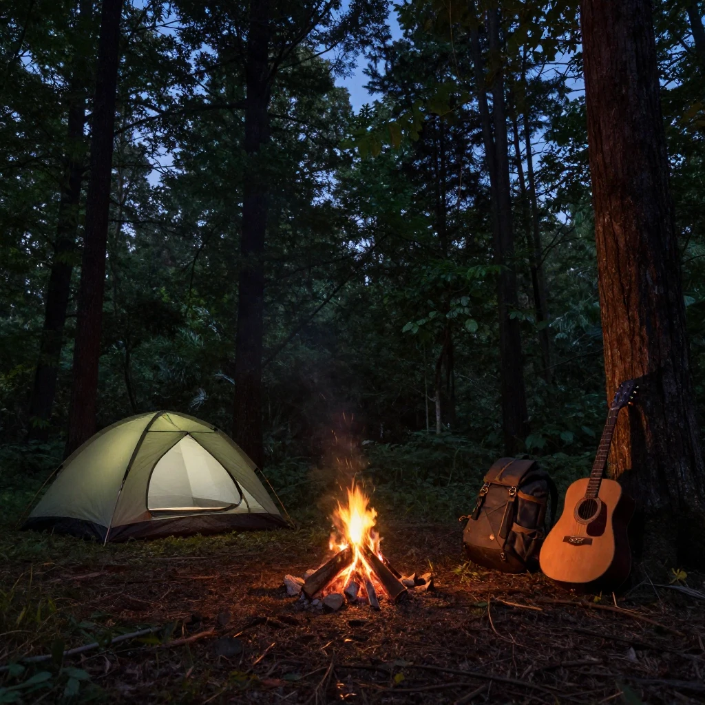 A serene forest clearing at twilight, a small campfire with ...