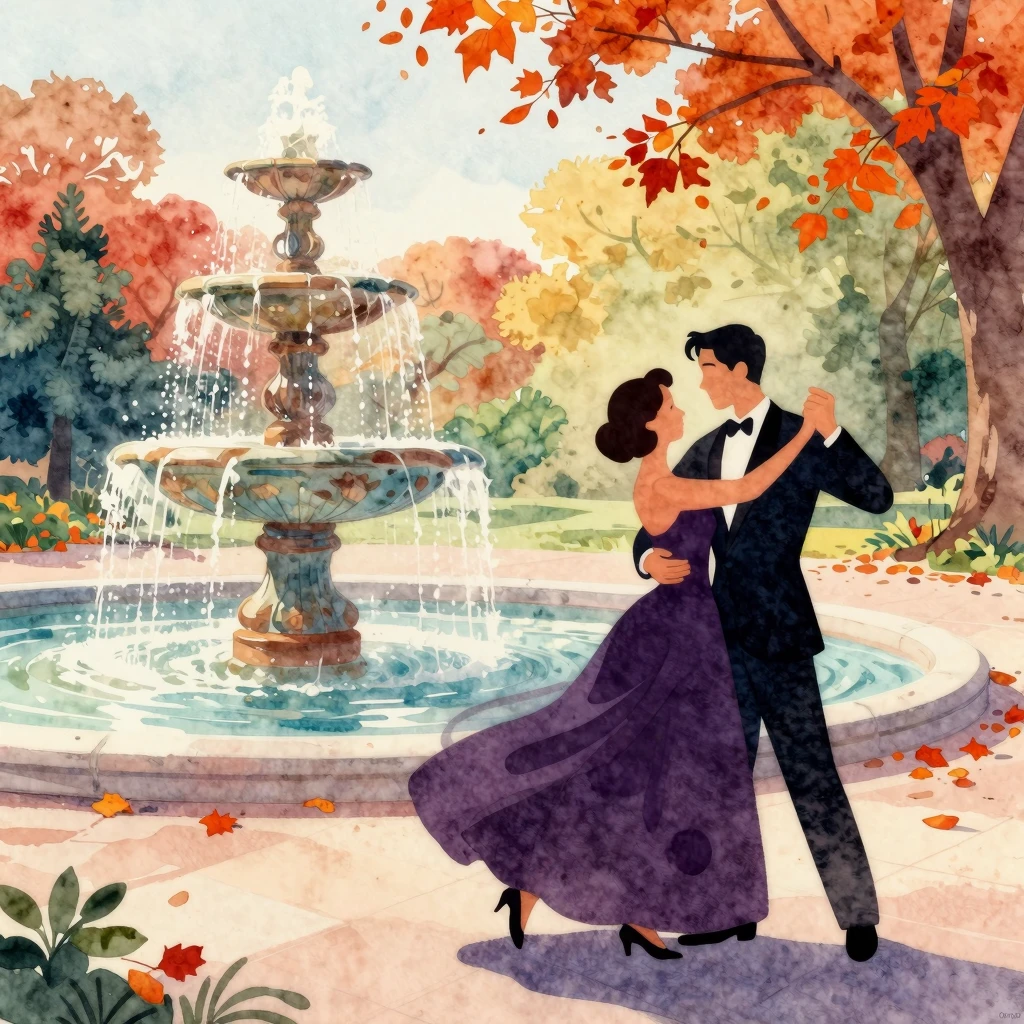 Vibrant watercolor style. Vintage illustration of a park sce...