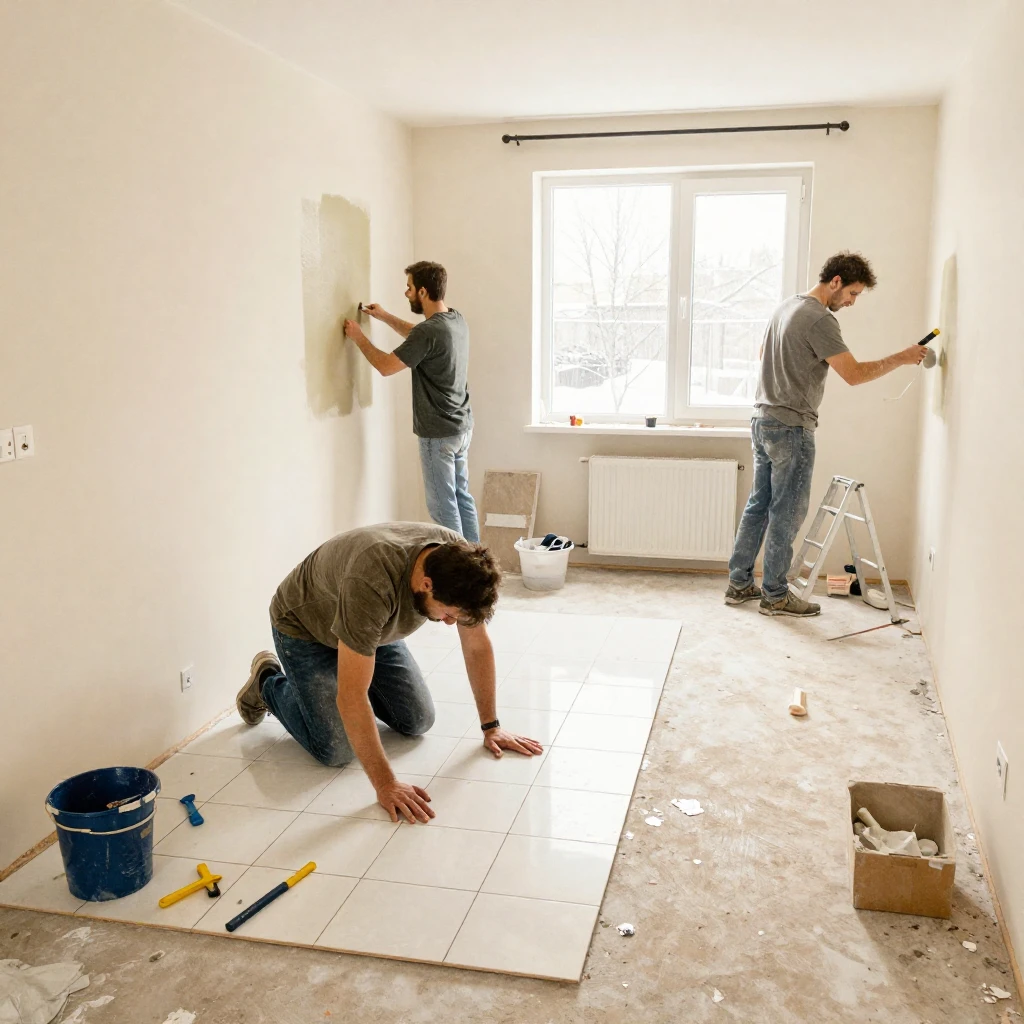 A cozy apartment interior undergoing renovation, with one ma...