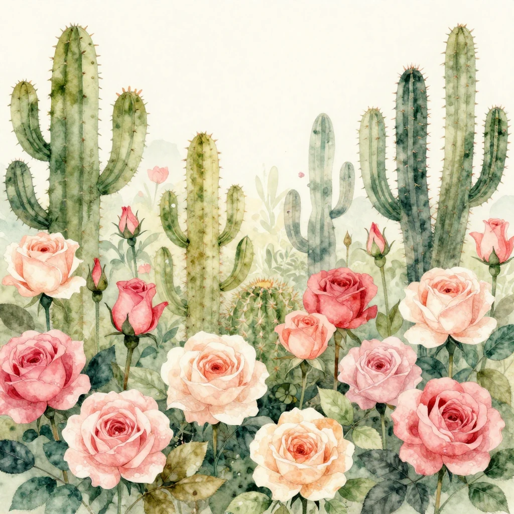 A vintage style watercolor illustration of a blooming garden...