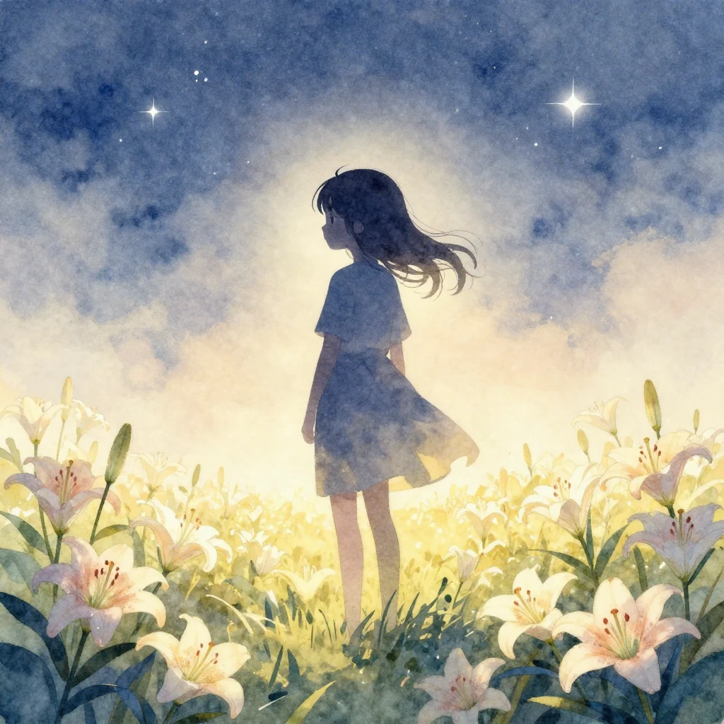 A watercolor illustration of a silhouette of a young girl st...