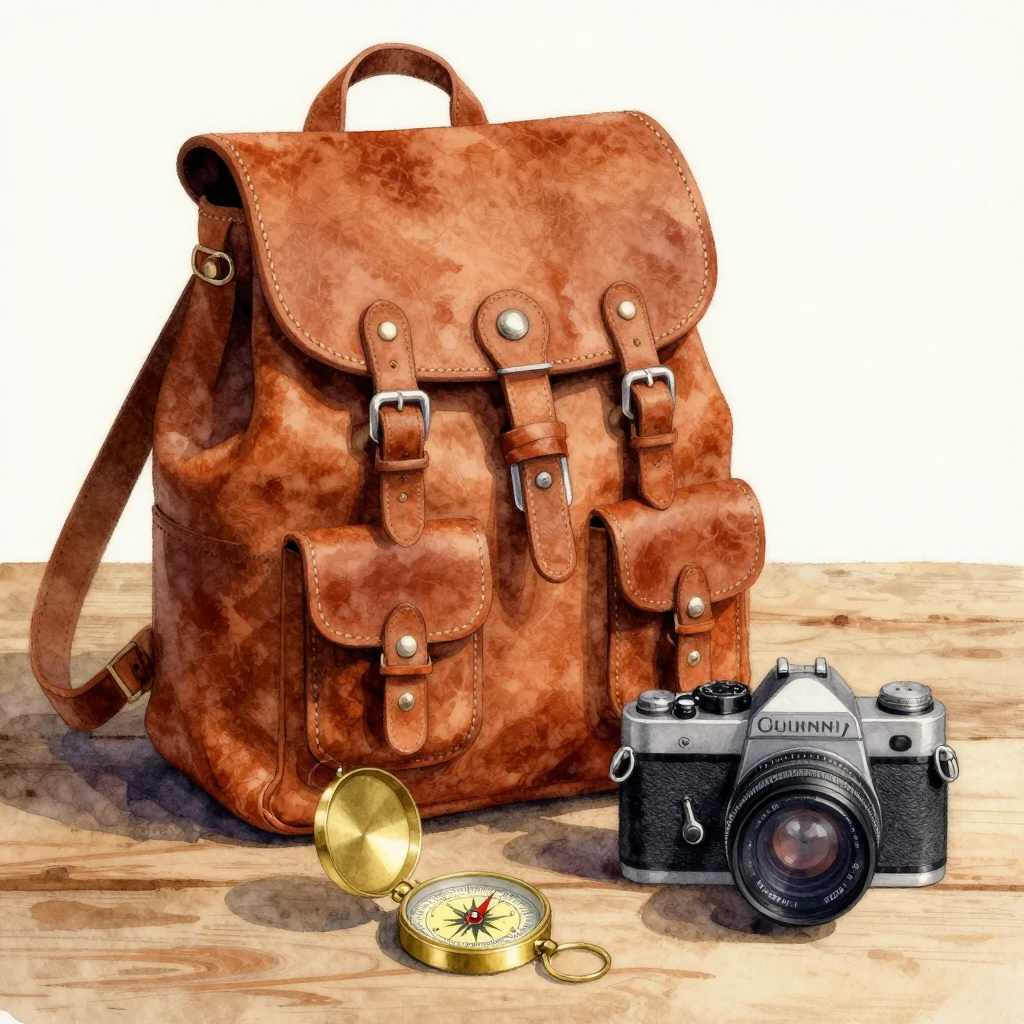 Watercolor illustration of vintage leather backpack, brass c...