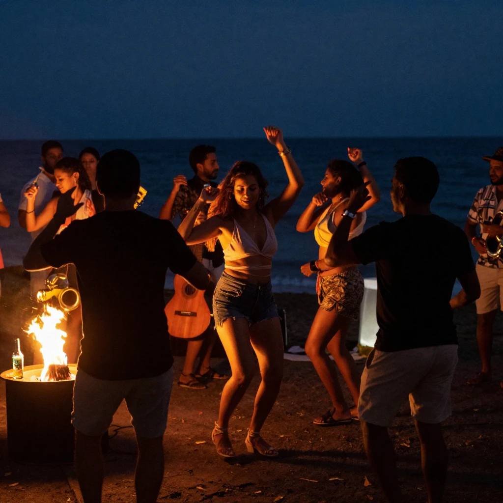 A vibrant Latin night party scene on an ocean shore. Silhoue...